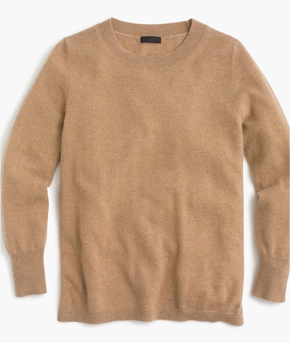 J.Crew 100% Cashmere Crewneck Sweater Camel Tan 3/4 Sleeve Size Medium
